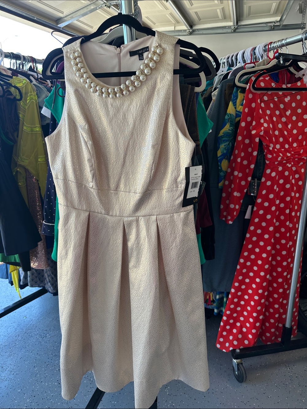 Sangria Pearl-Embellished Sleeveless Fit & Flare Dress - Light Beige with pocket